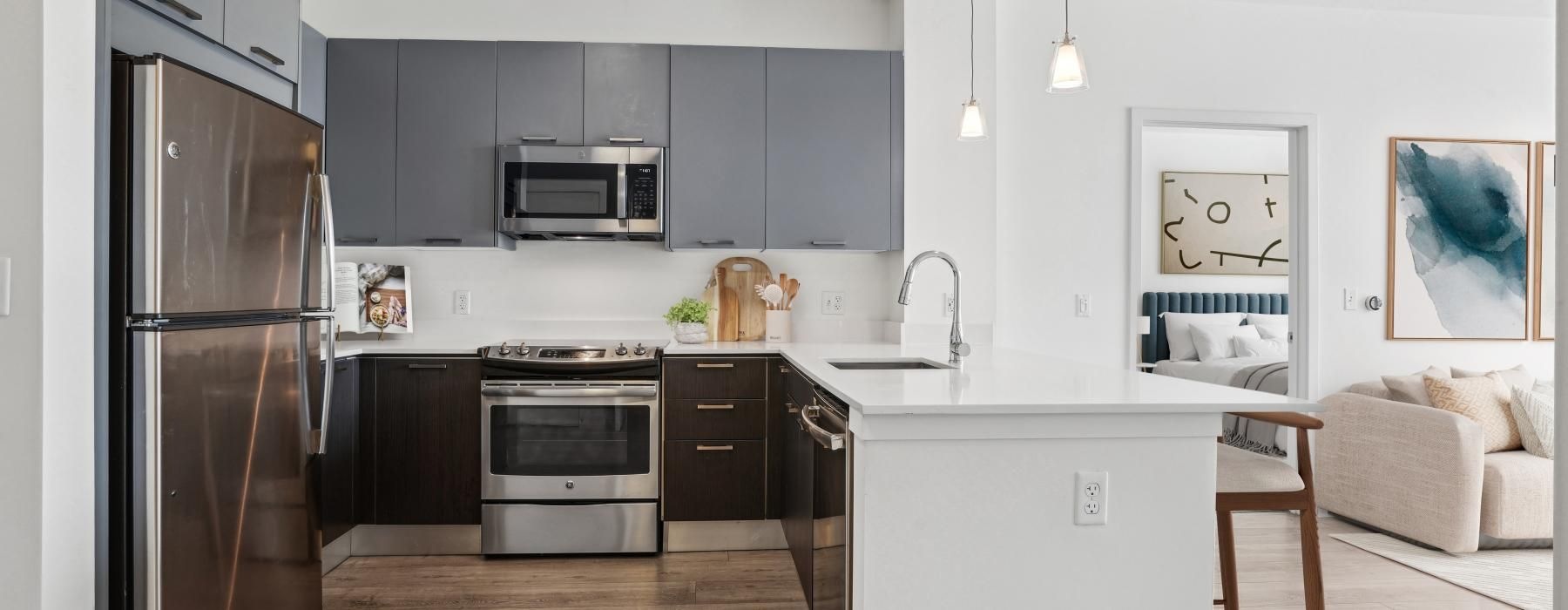 a kitchen with a wood floor